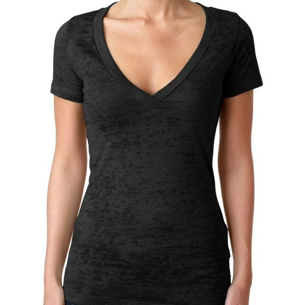 Women's Vintage Deep V-Neck Black Sheer Shirt Size S